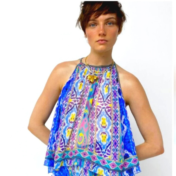 ZARA Multi colored Aztec print Asymetrical swing halter beaded top. Size L NWT - Picture 2 of 16